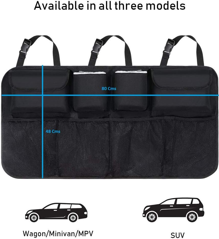 Image of Car Back Seat Organizer with Multiple Pockets for Travel | Waterproof Multipurpose Trunk & Boot Storage Organizer for Mobile, Bottle, Tissue & Kids Accessories | Universal Fit | 80 x 48 cm