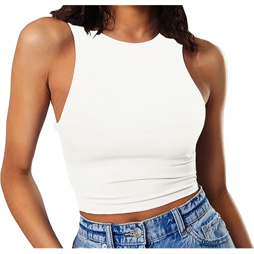 GEMBERA Women's High Neck Crop Tops Basic Racer Back Cropped Tank Sleeveless Shirts