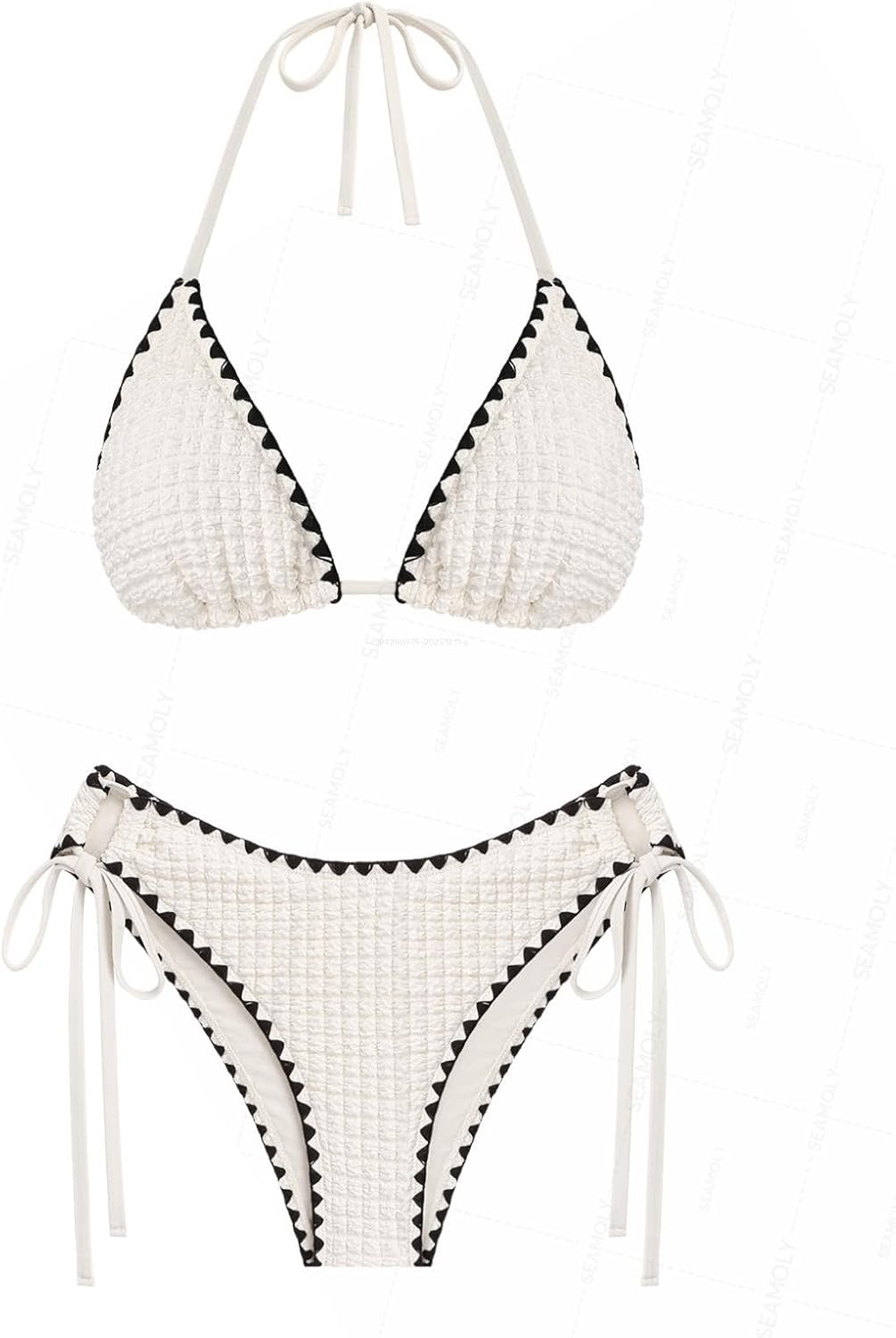 seamoly Contrast Binding Textured Halter Triangle Tie Side Bikini Set