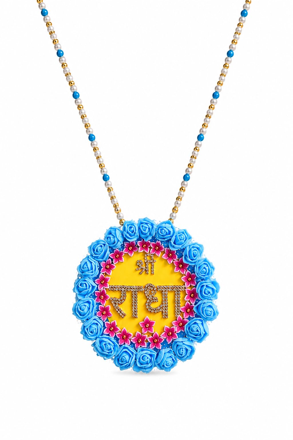 Handcrafted Radha Naam Mala for Deity, Blue Floral Rose Design with Pearl and Gold Beaded Chain-image-26