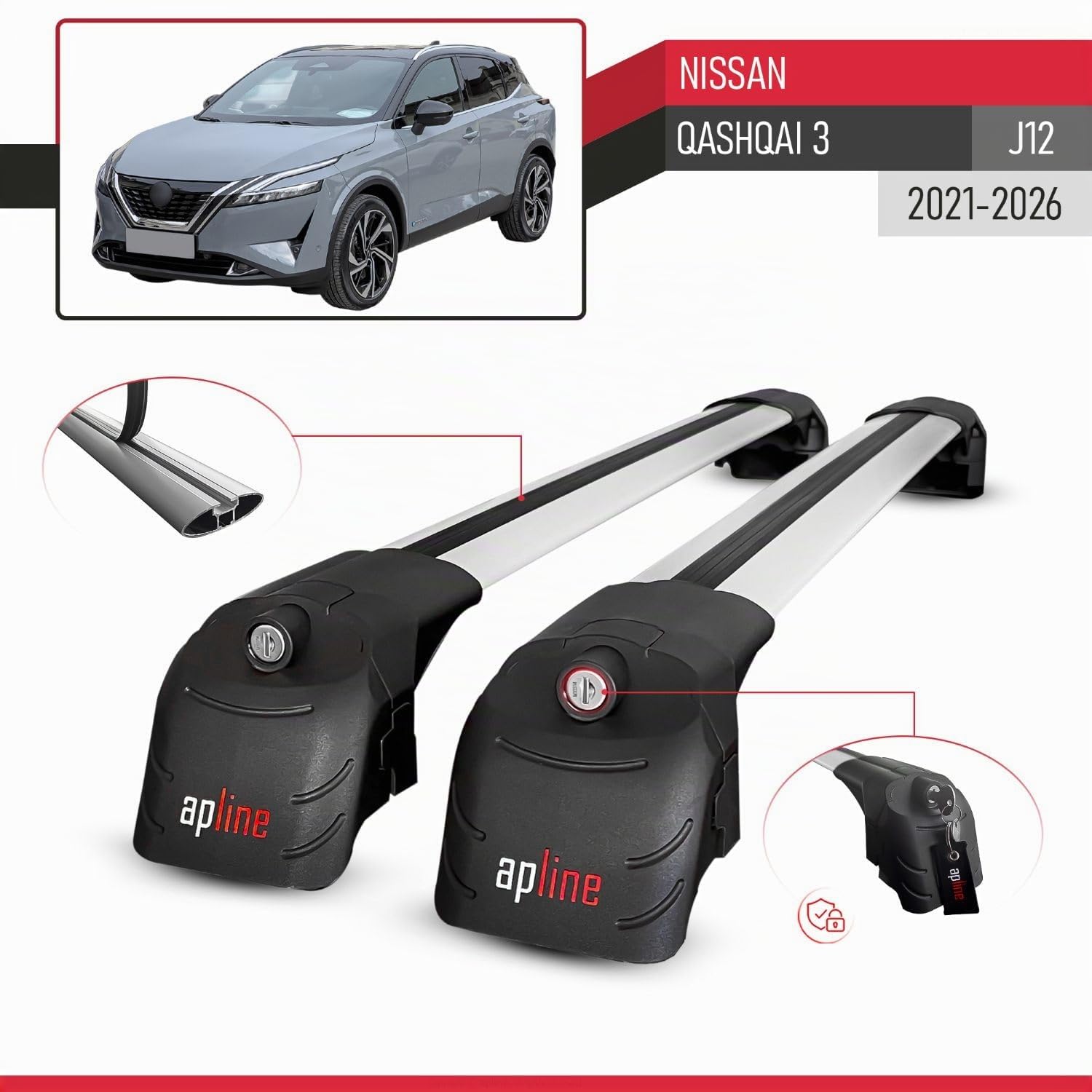 Compatible avec Nissan Qashqai 3 (J12) 2021-2026 ACE-2 modèle Barres de Toit Railing Porte-Bagages de Voiture Gris Aluminium Barres