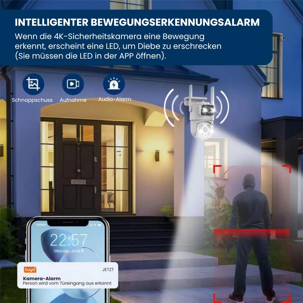 Überwachungskamera NA1 mit 360° Sichtfeld | Zwei 2-Megapixel-Sensoren für klare Full-HD-Aufnahmen; 360° Sichtfeld für vollständige Überwachung ohne tote Winkel