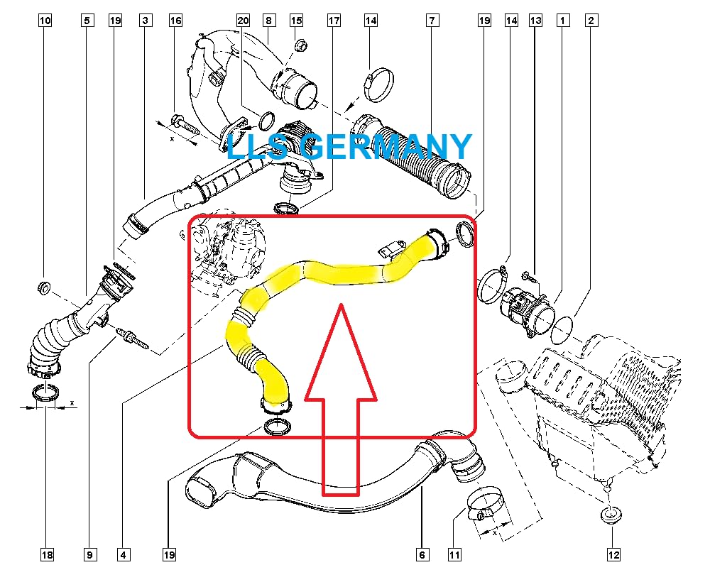 LLS-GERMANY Tubo dell'aria di carica compatibile con modalità Ren ault, Grand Mode (F/JP0), 1.5 dCi, 75 CV, 88 CV, 8200748681, connettore originale HENN