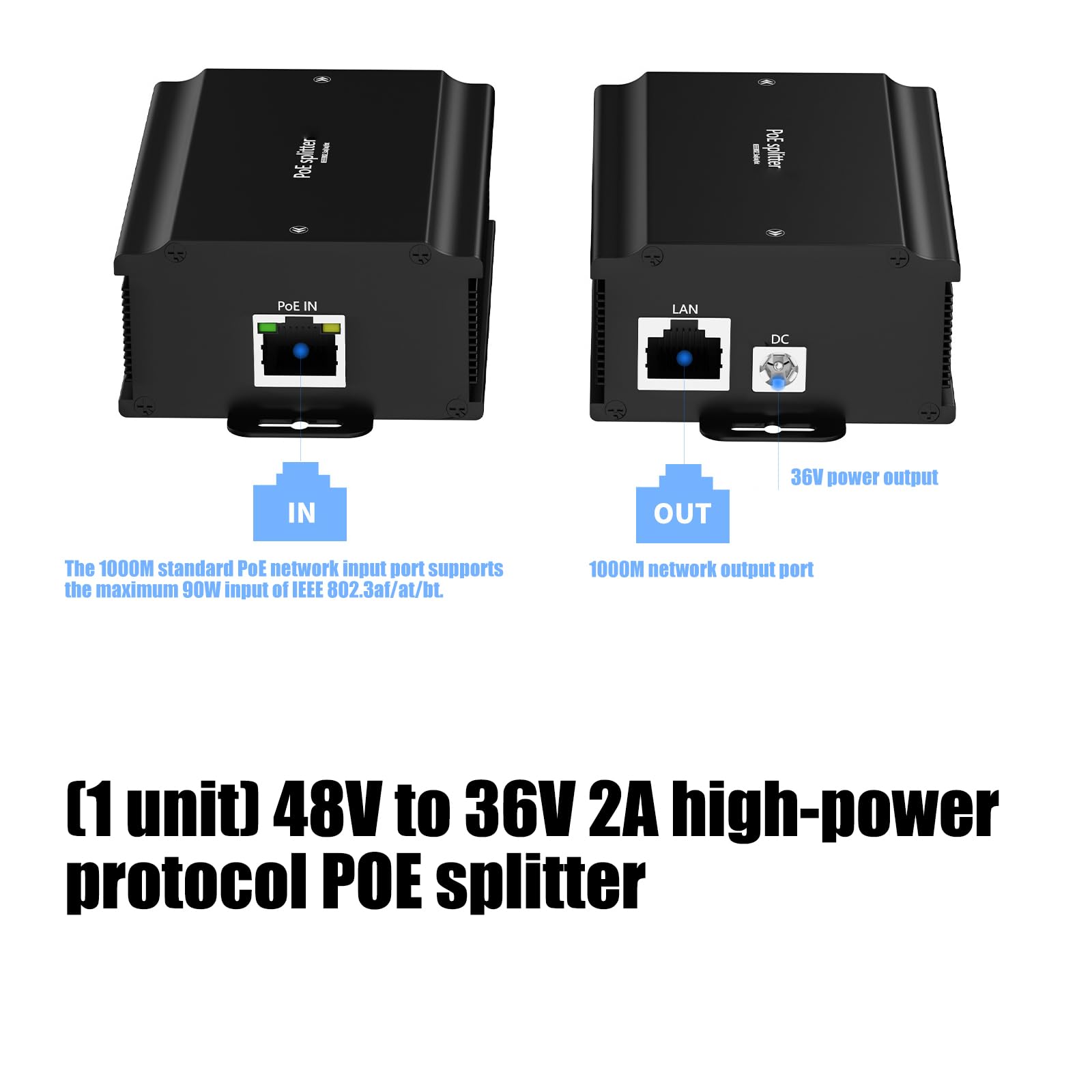 Leistungsstarker 48-V zu-36-V-2A Gigabit POE, POE Splitter für Überwachungskameras mit Protokollen für Netzwerkgeräte und Kameraprotokolle