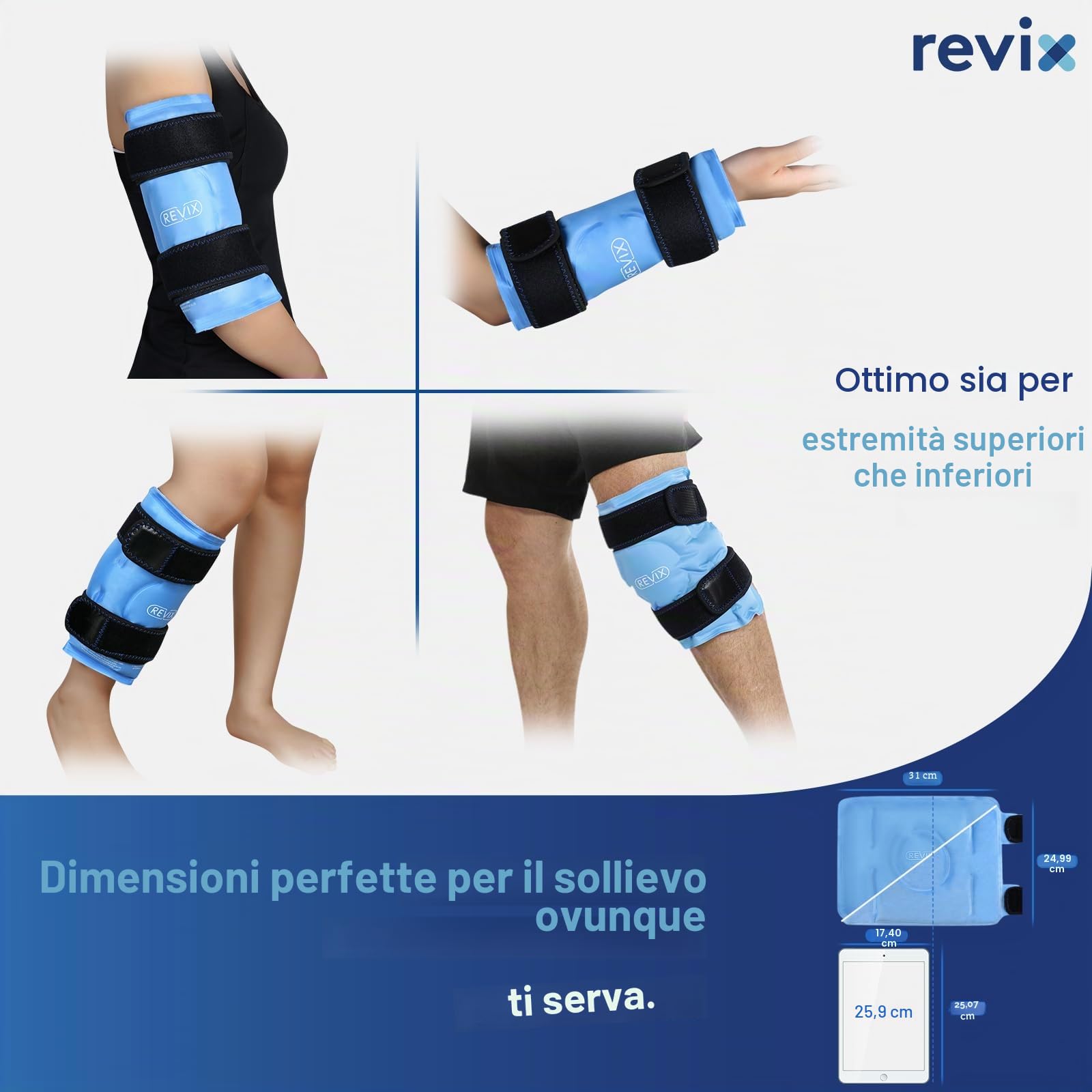 REVIX Fascia Ghiaccio per Ginocchio – Impacco Gel Riutilizzabile con Cinturini Regolabili, Copertura Vellutata, Uso a Mani Libere per Ginocchia, Polpacci, Gomiti, Ghiaccio Gel Freddo