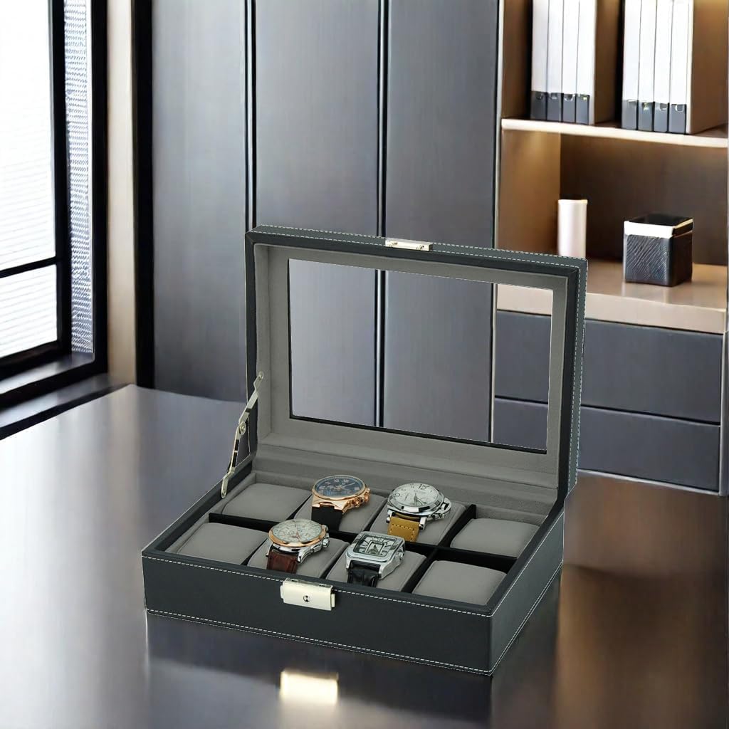 TIMELYBUYS Elegant XL Oversized Extra Large Watch Display Case and Storage Organizer Box for up to 65 MM Watches with Glass Top and Large Pillows Father's Day Gift