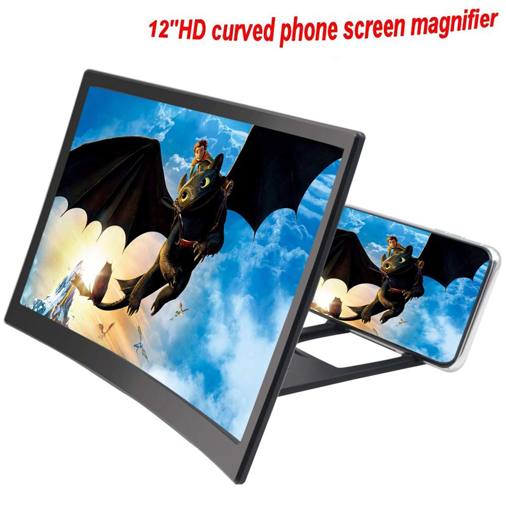 12'' 3D Curve Screen Magnifier for Cell Phone, HD Amplifier Projector for Movies, Videos, and Gaming Foldable Phone Stand with Screen Amplifier for iPhone,All Smartphones (Black, 12 inch)