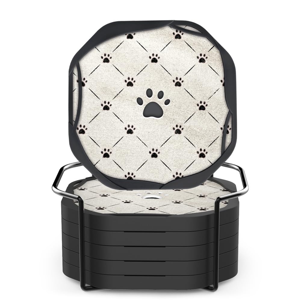 UMIRRO Cute Absorbent Cup Coasters for Drinks with Holder, Unique Silicone Coasters with Soft Felt Inserts for Wooden Coffee Table, 4'', Set of 6