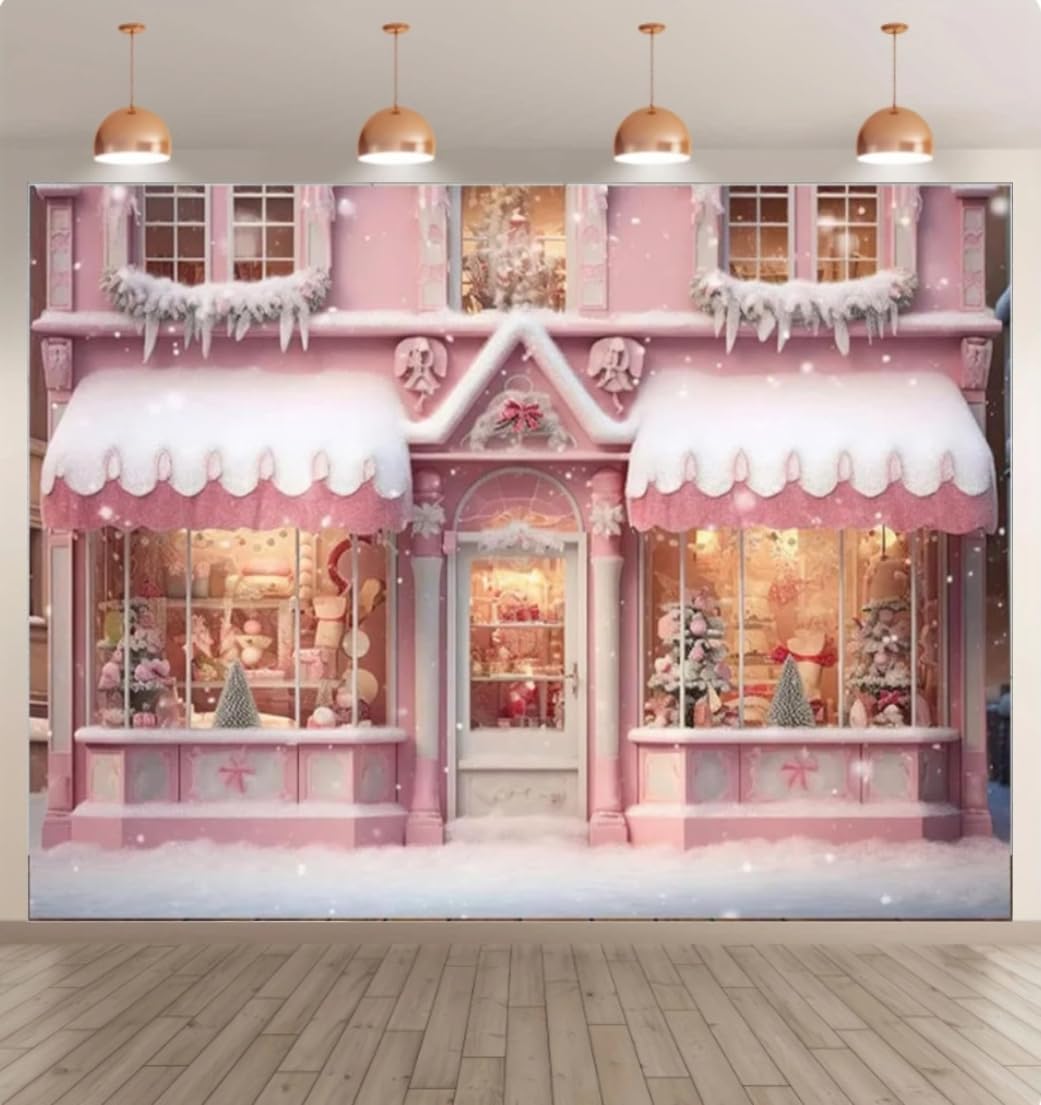 7x5ft Christmas Pink Candy Store Window Photography Background Winter Snowy Christmas Tree Girl Child Family Portrait Decoration Backdrop Board New