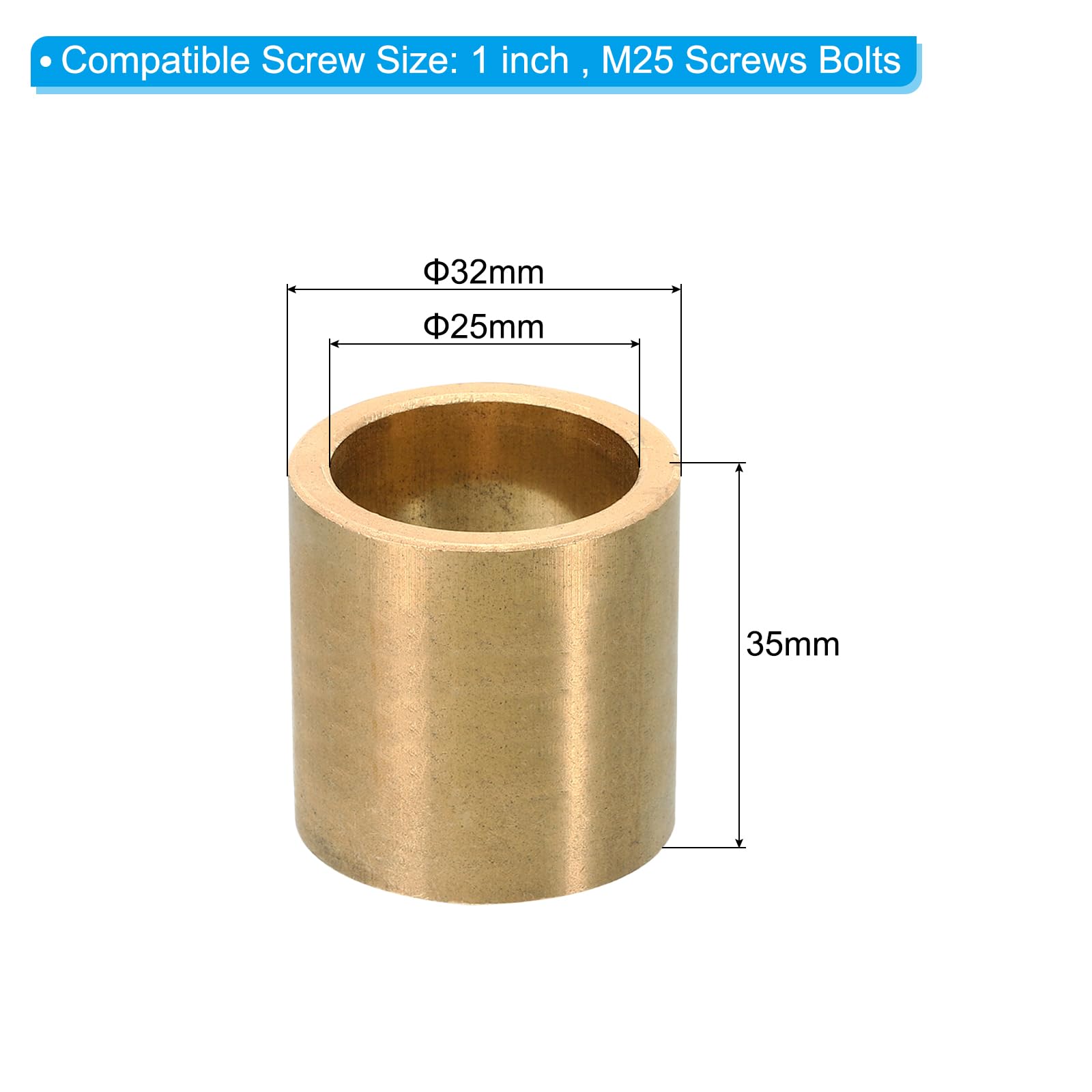 PATIKIL M25 Brass Spacers, 1 Pcs Metal Spacer Brass 25mm ID x 32mm OD x 35mm L Brass Spacers Screw Standoff for 1 Inch or M25 Screw - Image 2
