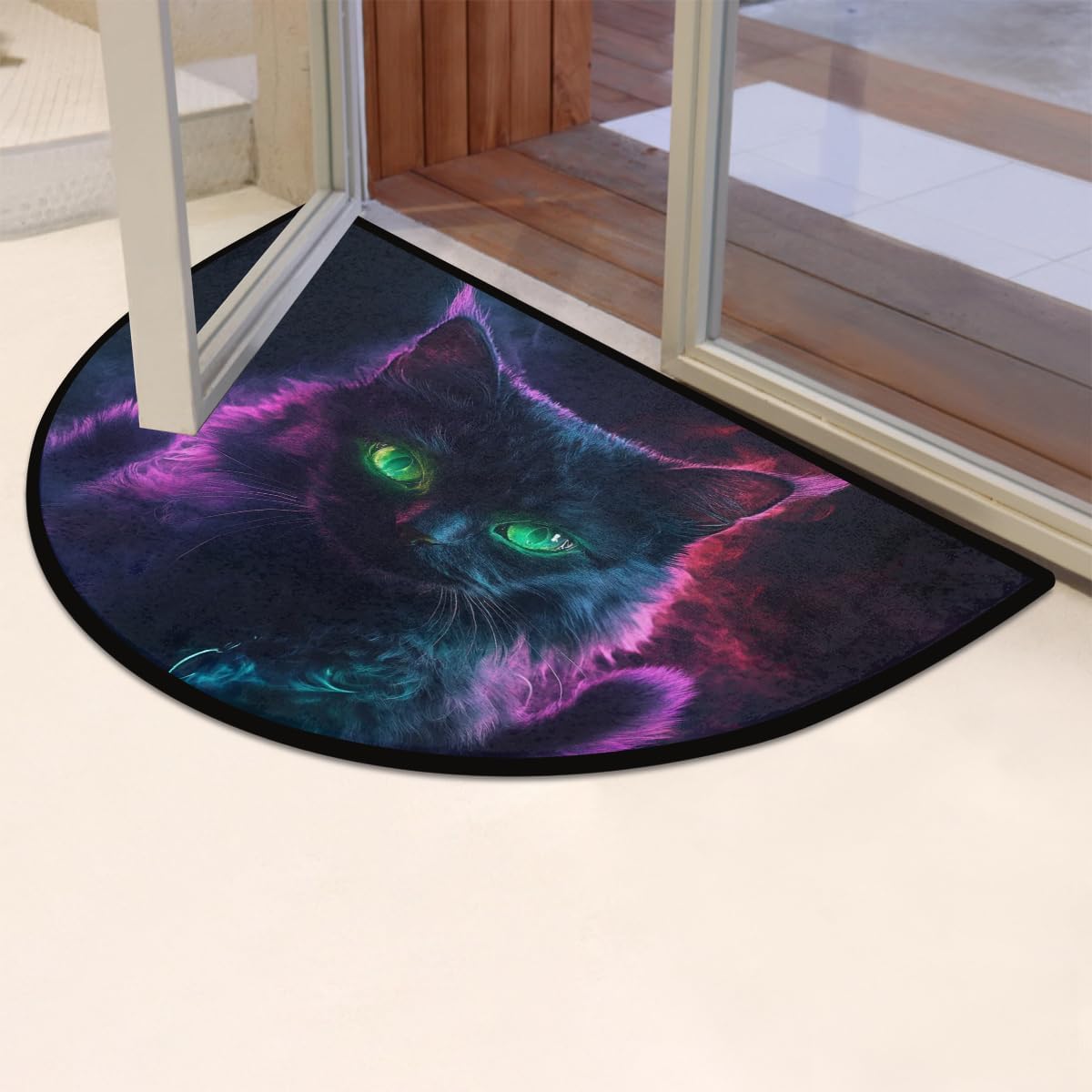Half Round Doormat Non-Slip Washable Cool Black Animal Cat Semi Circle Rug Soft Absorbent Half Moon Mat for Indoor Outdoor Entrance Kitchen Bathroom Sink Patio Welcome Fireplace Floor Rug