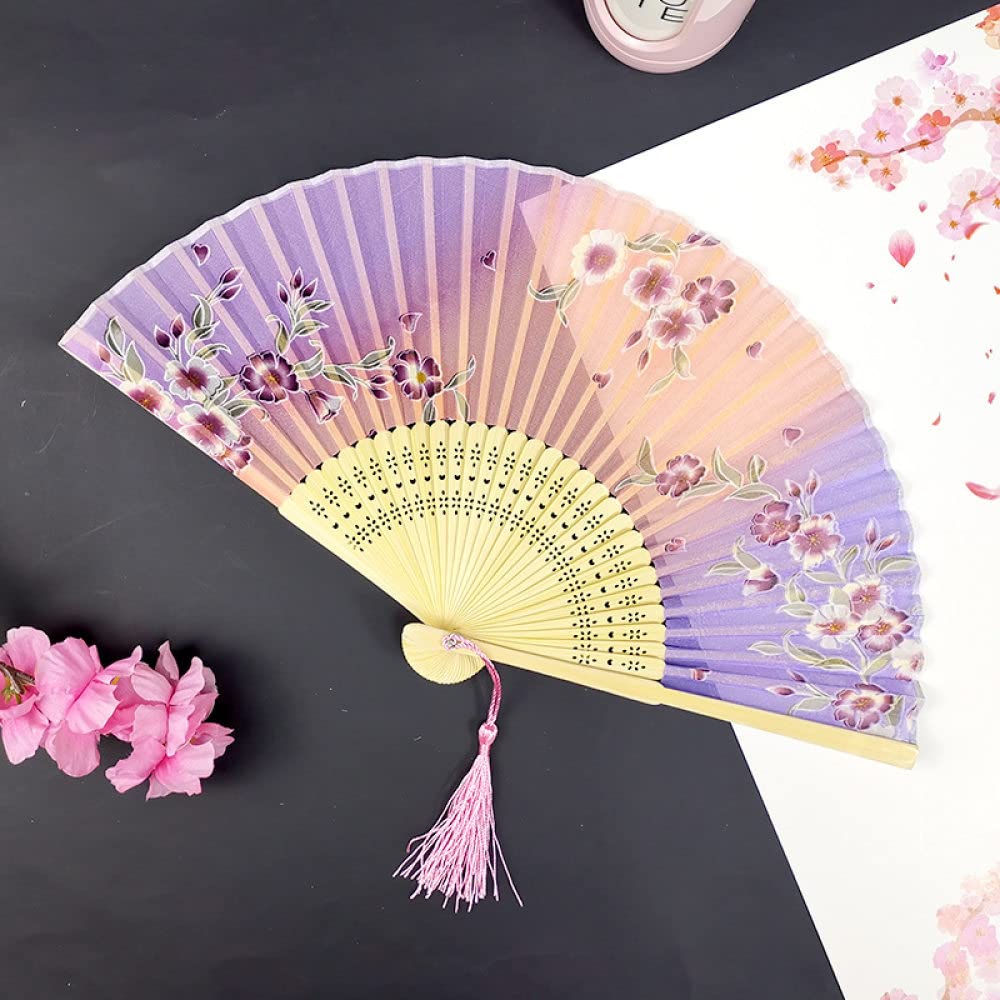 METTEOR Folding Fan Handheld, Purple Hit Color Folding Hand Held Fans Floral Handmade Silk Fan With Pink Tassel Chinese Fan Home Decorative Folding