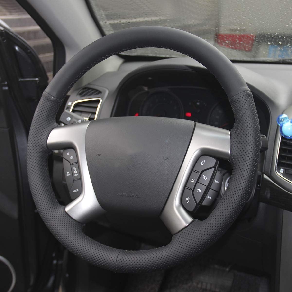 Loncky Genuine Leather Steering Wheel Cover for Chevrolet 2008-2013 Silverado 1500 /Silverado 2500 3500/2007-2014 Tahoe/2007-2014 Suburban 1500/2007-2013 Avalanche 1500/2009-2015 Traverse/Express