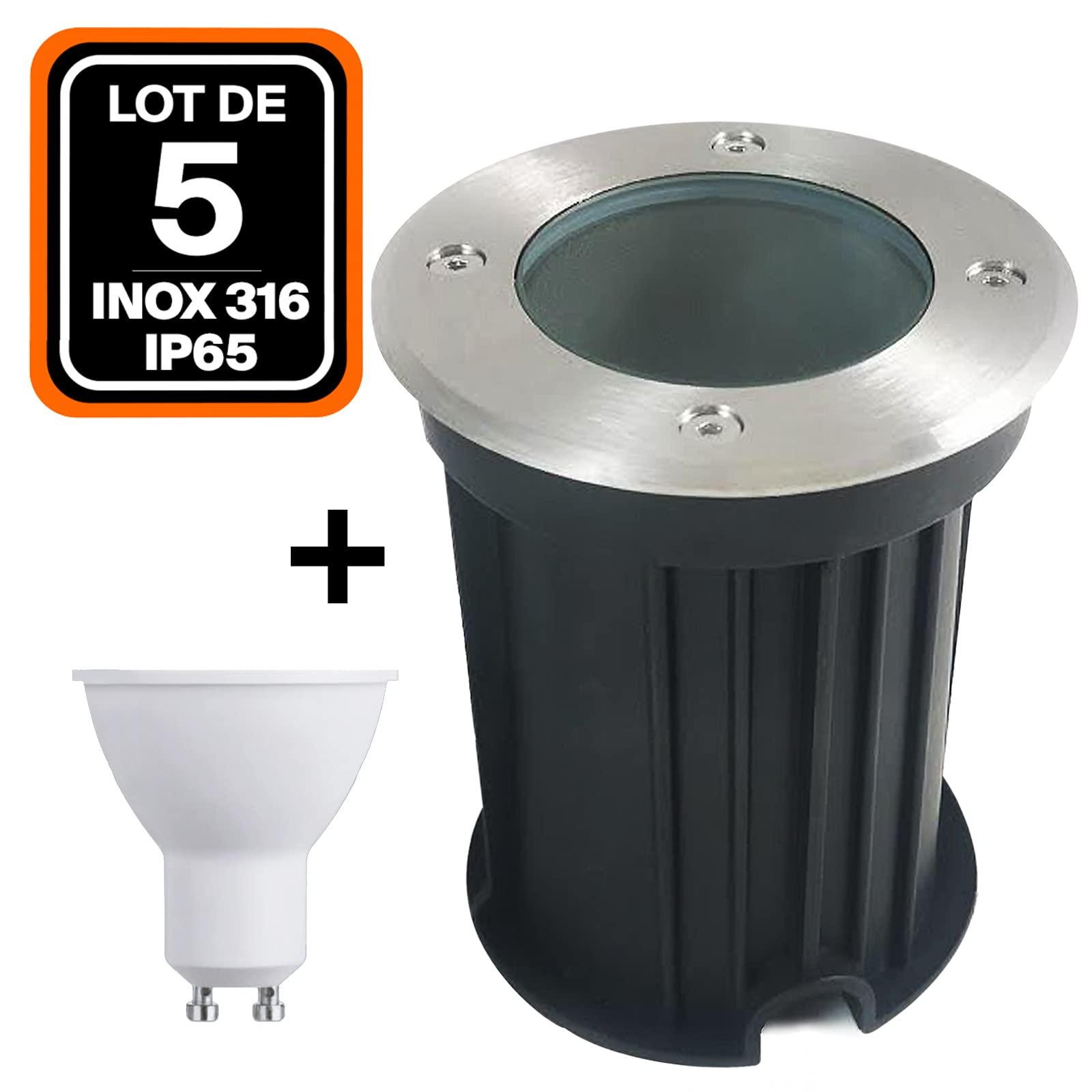 Europalamp - Lote de 5 focos empotrables de suelo redondo de acero inoxidable 316 exterior IP65 + bombilla GU10 5W Blanco Neutro 4500K
