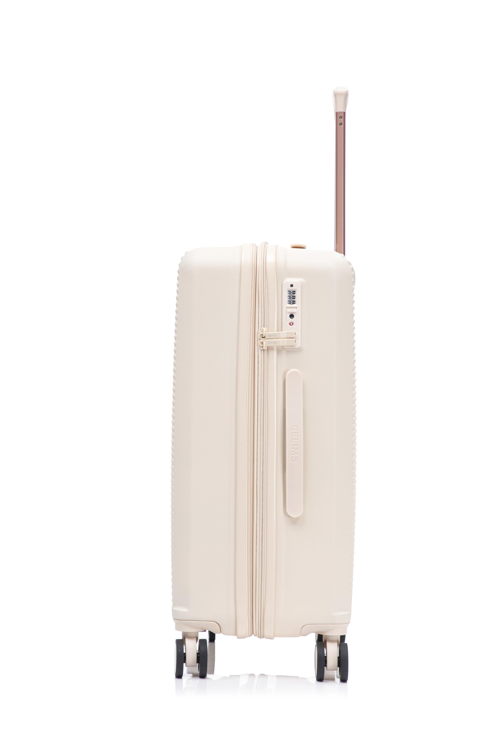 CELIMS - Valise Moyenne Taille Rigide à 4 roulettes Légère Soute 23kg 65cm | Cadenas TSA | Extensible | Bagage Moyenne avec 4 Roues 65cm | Valise Week-End | Beige