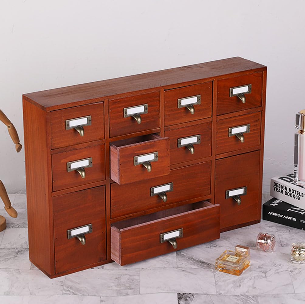 Apothekerschrank mit 12 Schubladen, Tisch-Apotheker-Schubladen, Bibliothekskarten, Katalogschrank, Medizinschränke, Holz, Schreibtisch-Organizer, Holz-Aufbewahrungsbox (braun)