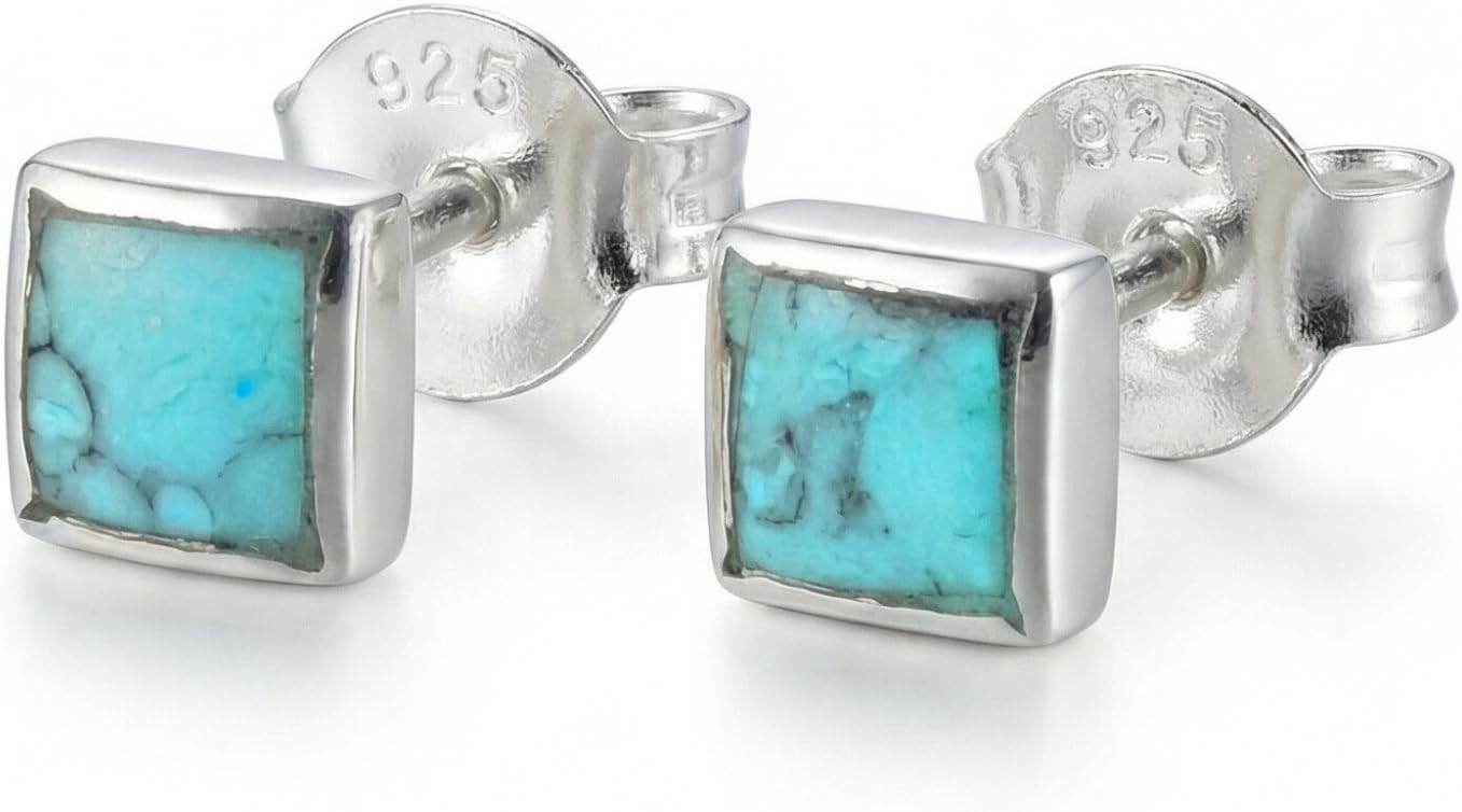 Handmade Turquoise Gemstone Square 4mm Stud Earrings, 925 Sterling Silver Studs for Women, Cartilage Earring, Tarnish & Water Resistant, By Miya Jewelry Creations - Image 4