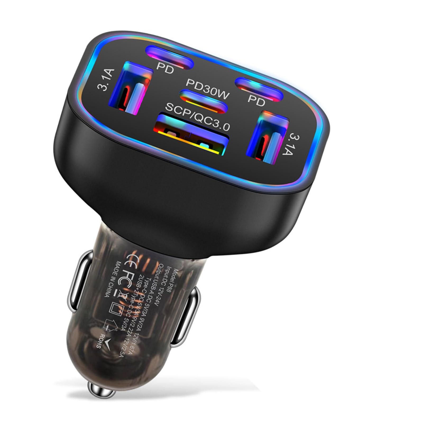 6 in 1 Multi Port USB C Car Charger Adapter PD 30W 6 Ports Super Fast Charging Cigarette Lighter Adapter 2 USB-C for MacBook iPhone 16/15/14/13/12 Galaxy Android Phones