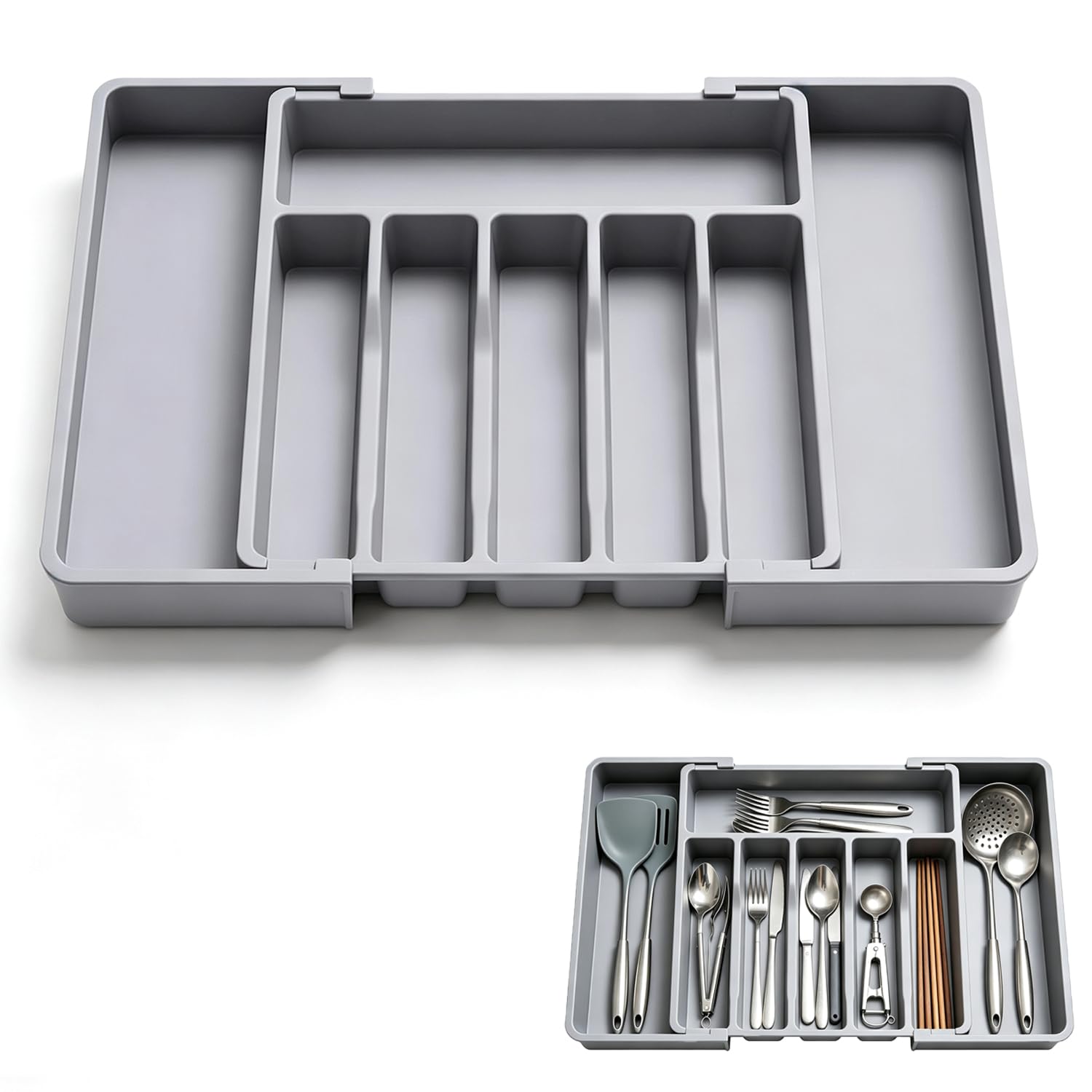 Organizer per cassetti portaposate estensibile, divisori regolabili in plastica, per utensili da cucina, 8 scomparti, 33-57 x 38 cm
