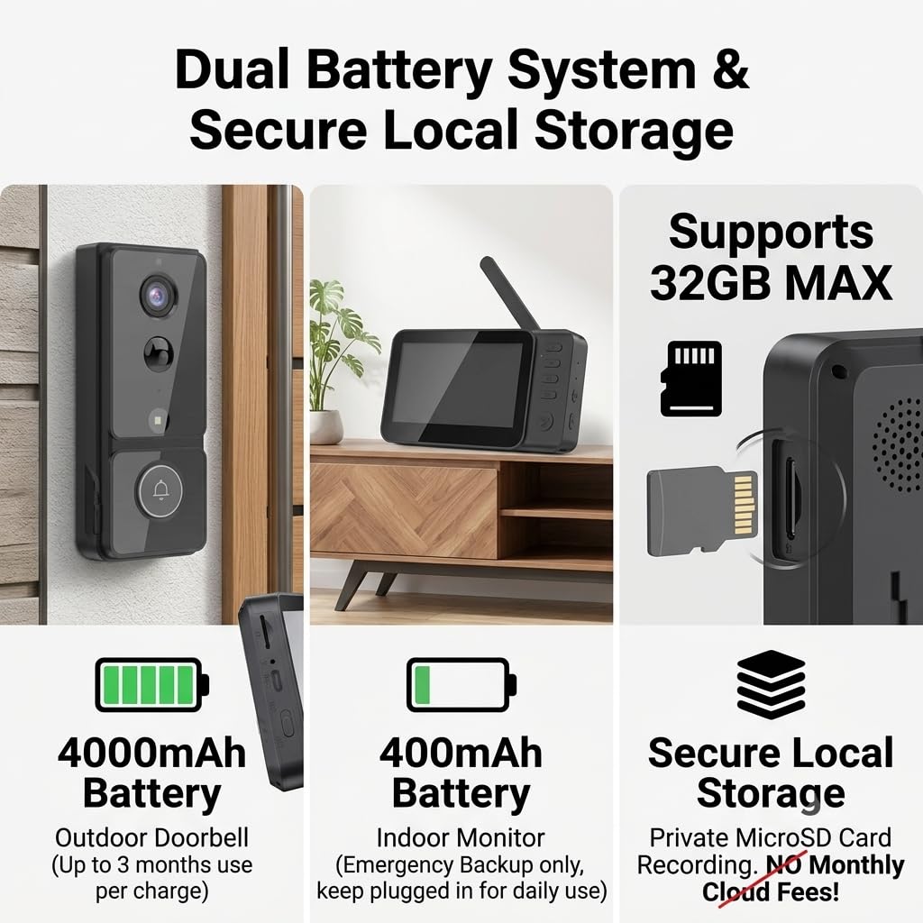 TKMARS Video Türklingel mit Monitor, 4000mAh Akku Kabellos ohne WLAN & APP, Türklingel mit Kamera und Bewegungsmelder, 1080P, 4,3" Bildschirm, 2-Wege-Audio, 170° Weitwinkel, IP65, Kein ABO