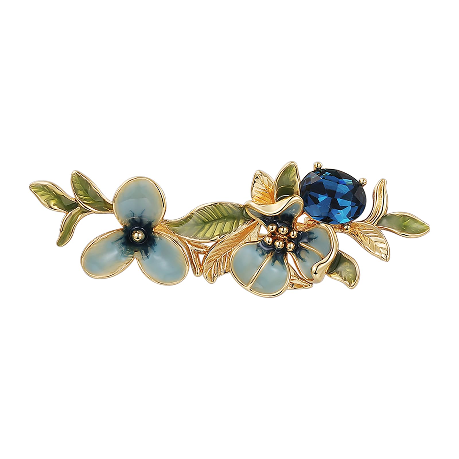 Iris Blumen-Brosche für Damen, handgetropfter, ölemaillierter Schmuck mit künstlichen Kristallen, grünes Blatt Sicherheitsnadel