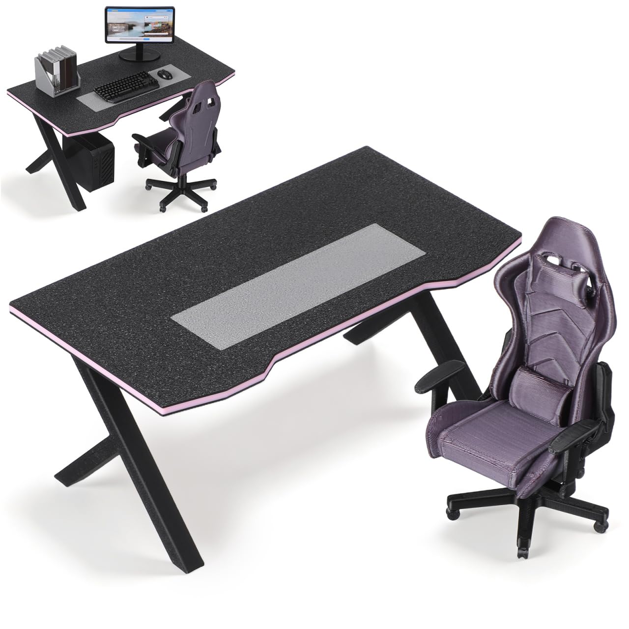 GALPADA 1: 12 Scale Miniature Desk Chair Set, Black PLA Dollhouse Office Furniture, Modern Gaming Room Display for Collector Diorama Decor, 14. 5 cm Desk Length