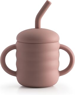 SASSIE KIDZ Cute 2-1 Silicone Straw Sippy Cup with Stopper - 5.4 OZ Spill-proof Sippy Cups for Baby 6+ Months w/ Dbl Handles, Grooved Body & Angled Straw for Fun & Safe Drinking - Includes Cleaning Brush - Pink