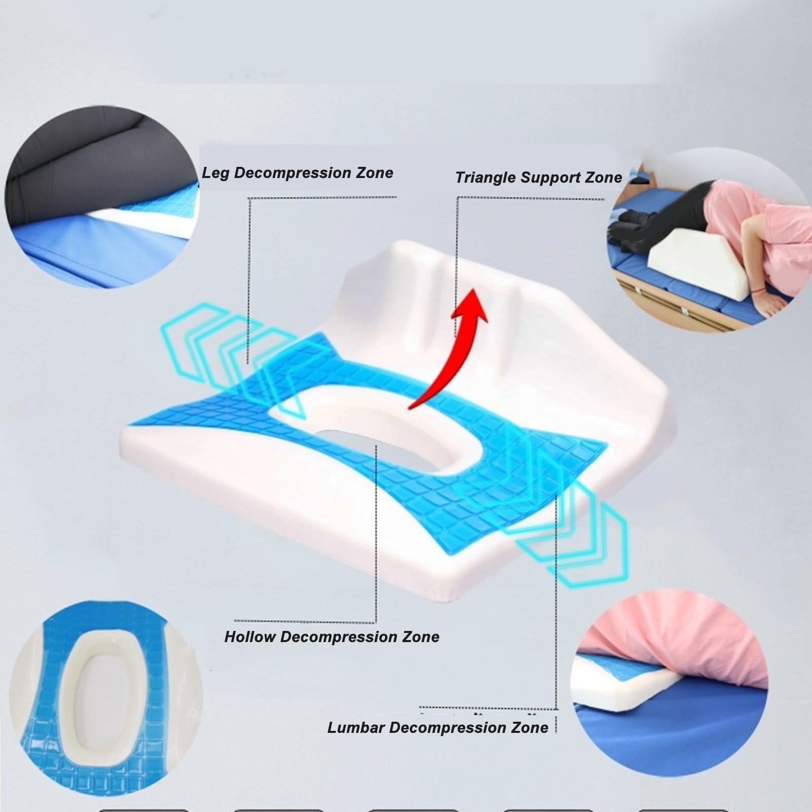 Fyearfly Cuscino antidecubito Cuscino antidecubito in memory foam per sollievo dalla pressione dell'osso dell'anca Coccige Blu Antidecubito Gel infuso Supporto confortevole per pazienti