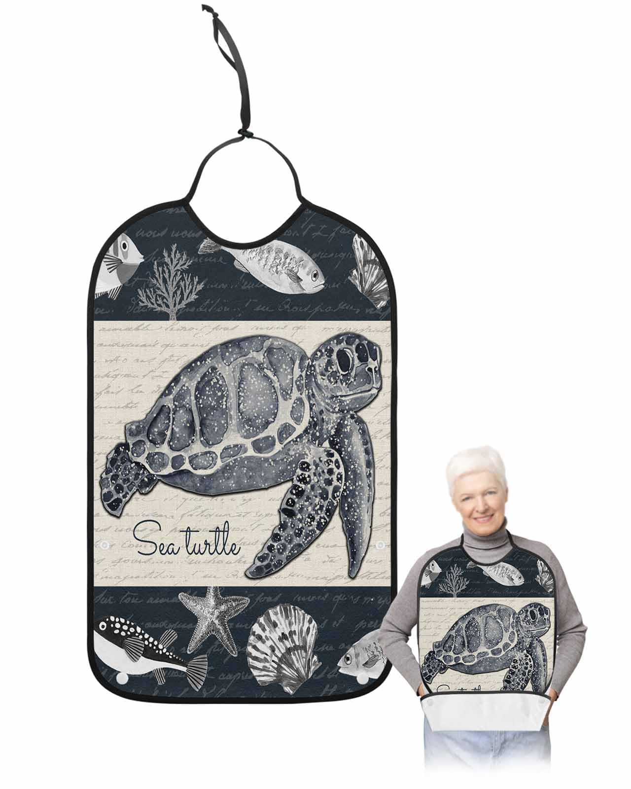 LEOKOTI Sea Turtle Adult Bibs for Eating, Waterproof Bibs with Food Catcher & Adjustable Snap Closure, Coastal Nautical Ocean Beach Fish Starfish Washable Clothing Protectors Adult Bibs for Elderly