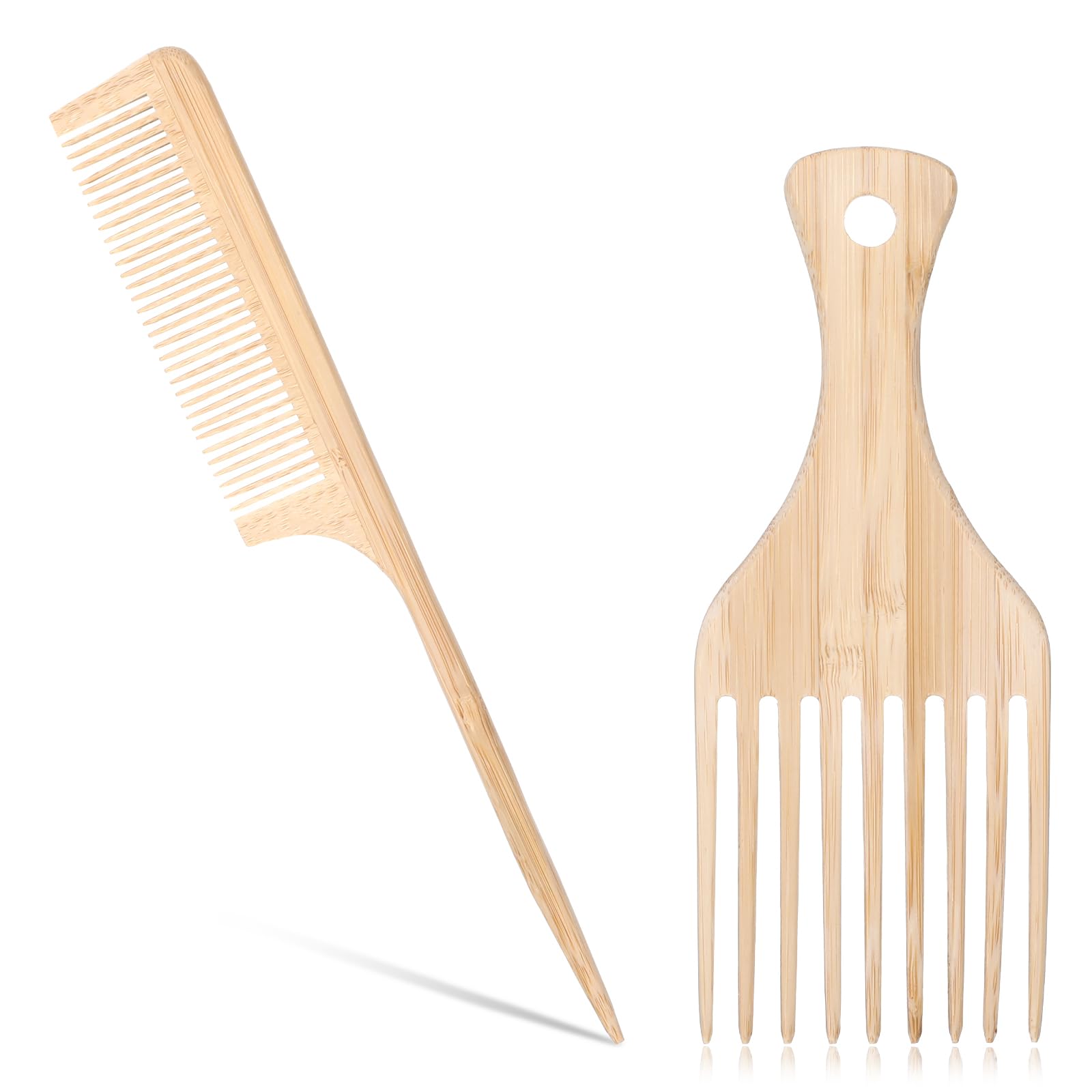 Premium Bamboo Comb Set - Natural Wooden Hair Pick and Rat Tail Comb for Curly, Thick, Thin Hair and Beard - Ergonomic Design, Anti-Static, Durable - 2PCS, 22 * 3.2 * 0.75cm