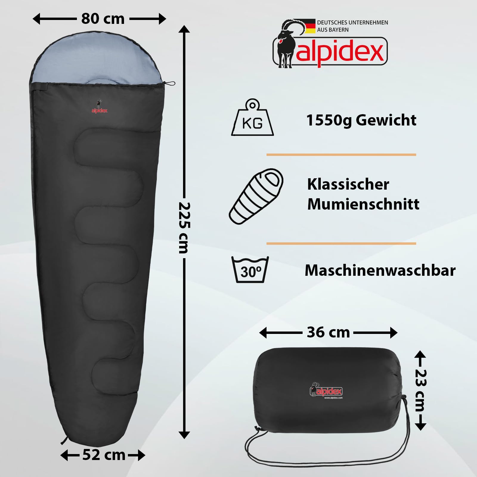 ALPIDEX Schlafsack Erwachsene 4 Jahreszeiten 400 GSM - Mumienschlafsack mit Klemmschutz - Kleines Packmaß, leicht & warm - Camping, Trekking & Outdoor