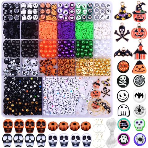 BBita 2088pcs Halloween Polymer Clay Beads Bracelet Making kit 24 Style Cute Fun Beads Skull Pumpkin Beads Charms for Jewelry Necklace Earring Making DIY Accessories for Women Girls