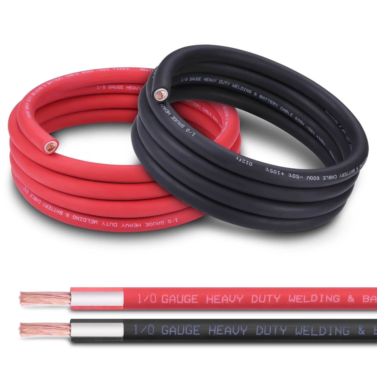 1/0 AWG Battery Cable 10FT Red+Black - 1/0 Gauge Pure Copper OFC Welding Cable (Upgraded with Thicker Insulation) - Higher Durability for Automotive, Battery, Solar, Generator