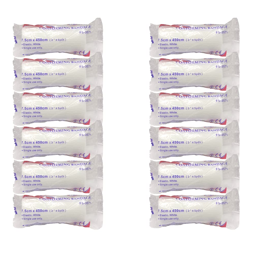 King Mariot Medical Equipments Pack of 12 Heavy Duty Conforming Adhesive Bandages | 7.5cm x 450cm | Individually Wrapped | Elastic and White Ideal For and Home Environments