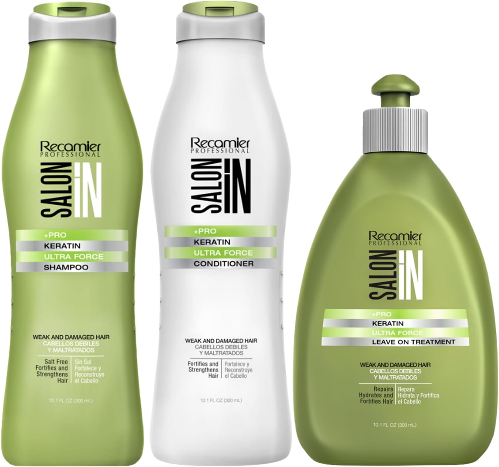Salon In by Recamier | Keratin Ultra Force Set - Hair Shampoo, Conditioner and Treatment | Repair & Strength | 10.1 fl oz / 300 ml