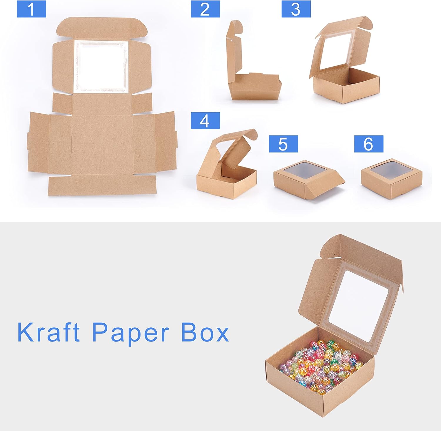 BENECREAT 20 Packs 9.5x9.5x3.5cm Square Brown Kraft Paper Boxes with Clear Windows for Party Favor Treats Bakery, and Jewelry Packaging - Image 5