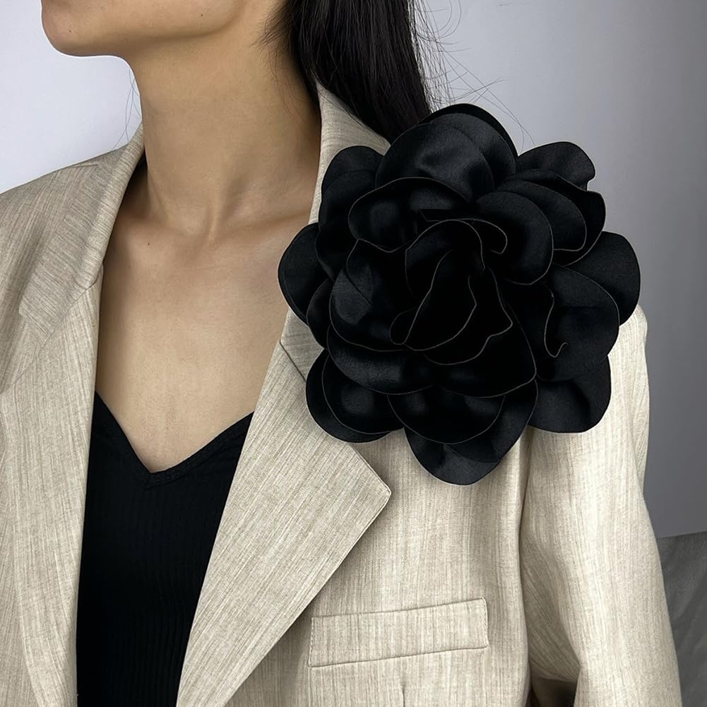 FSSTUD Black Camellia Flower Brooch Pin Hair Clip, 20cm Diameter, Vintage Style, 1 Count, flower diameter 20cm
