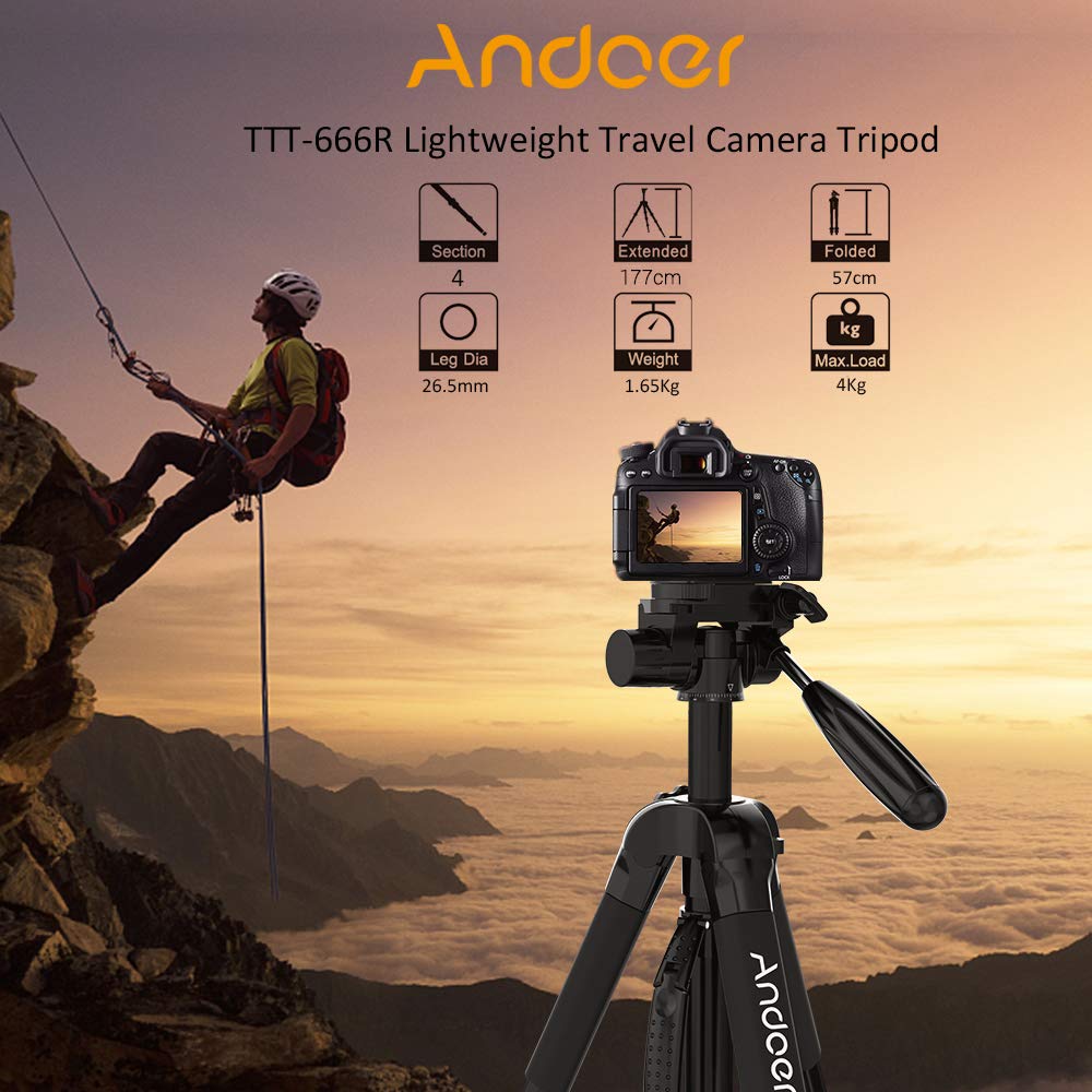 Andoer TTT-666R - Trípode de viaje portátil y ligero para videocámara Canon Nikon DV DSLR con bolsa de transporte, carga máxima de 4 kg