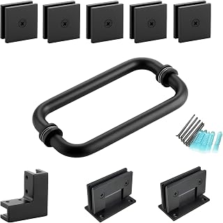 Corner Shower Door Hardware Kit, Includes Shower Door Hinges and Handles, Glass Clamps and Connector for 5/16” to 3/8” Thick Glass, Black