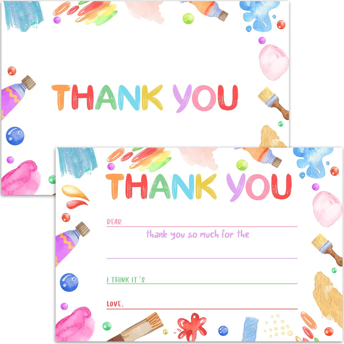 Nopoben Art Painting Kids Fill in the Blank Thank You Cards for Birthday Party Supplies Decor, Thank You Notes for Boys or Girls, 20 Cards With 20