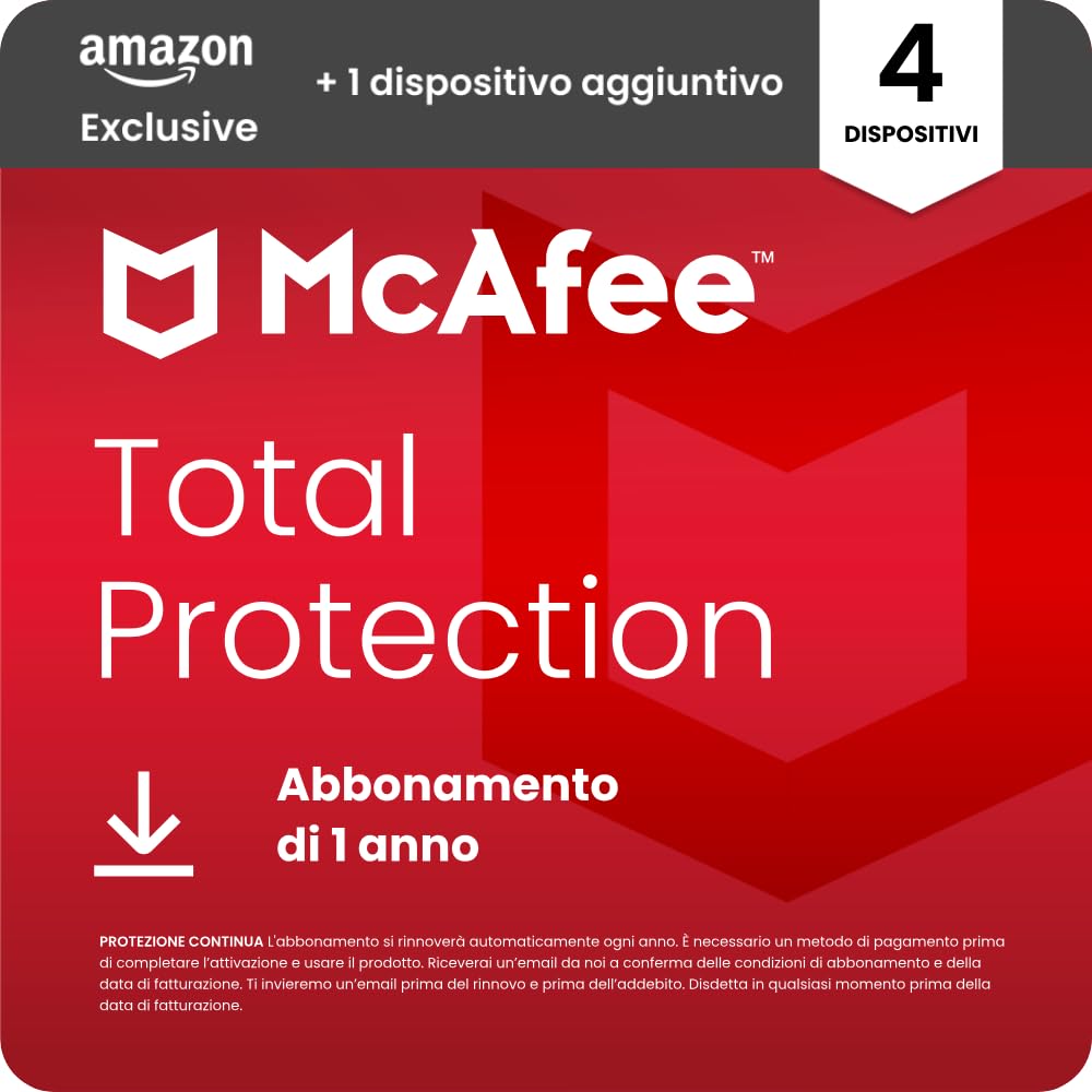 McAfee Total Protection - 4 più 1 Dispositiv aggiuntivo 2025 | Antivirus, VPN gestore delle password, software di sicurezza,| Abbonamento di 1 anno con rinnovo automatico, Scarica