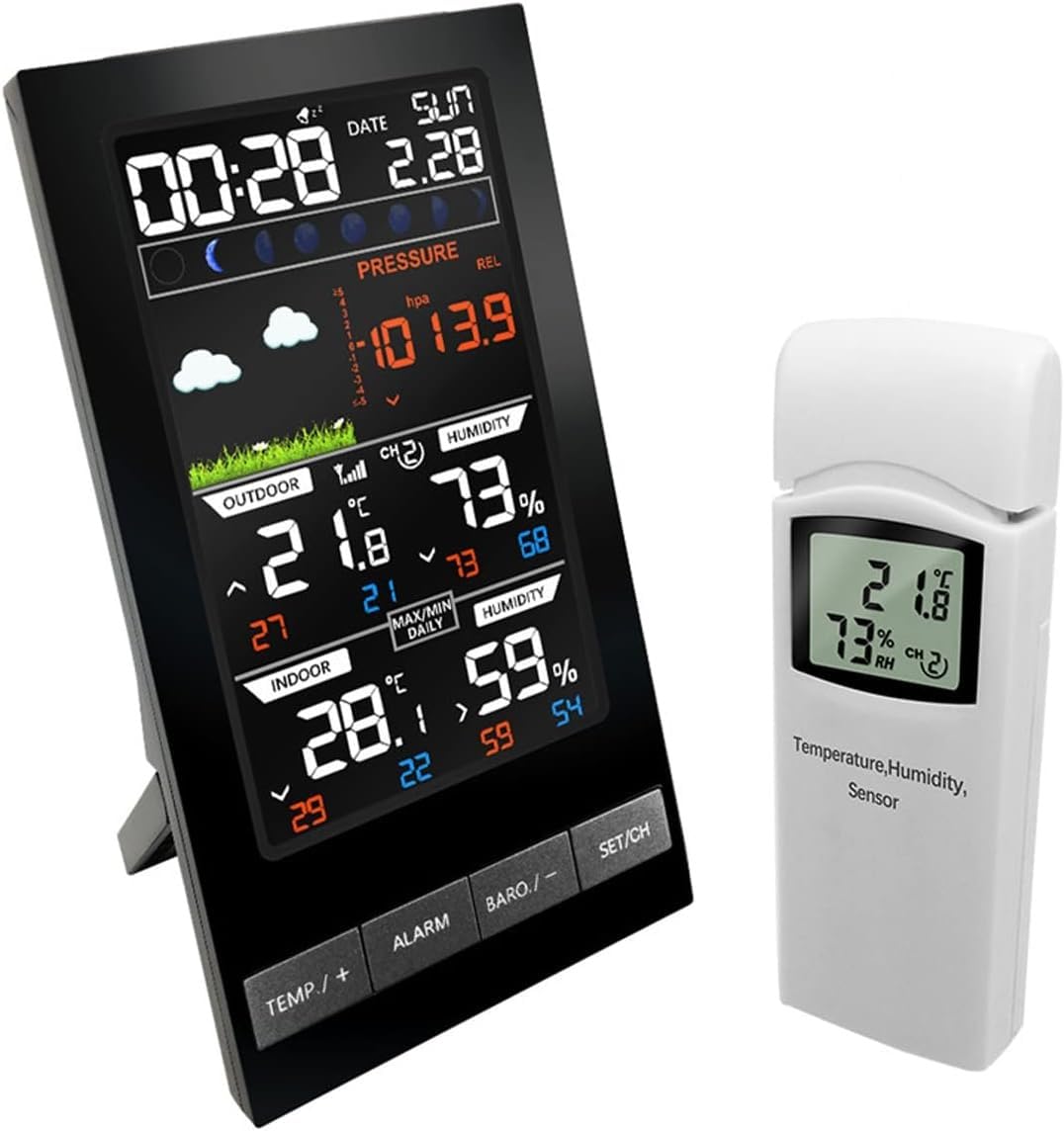 Wetterstationen, 5-in-1-LCD-Farbvorhersage-Display mit kabelloser Anzeige, Farbbildschirm für Thermo-Hygrometer und Luftdruck für drinnen und draußen, Wetterstation für zu Hause