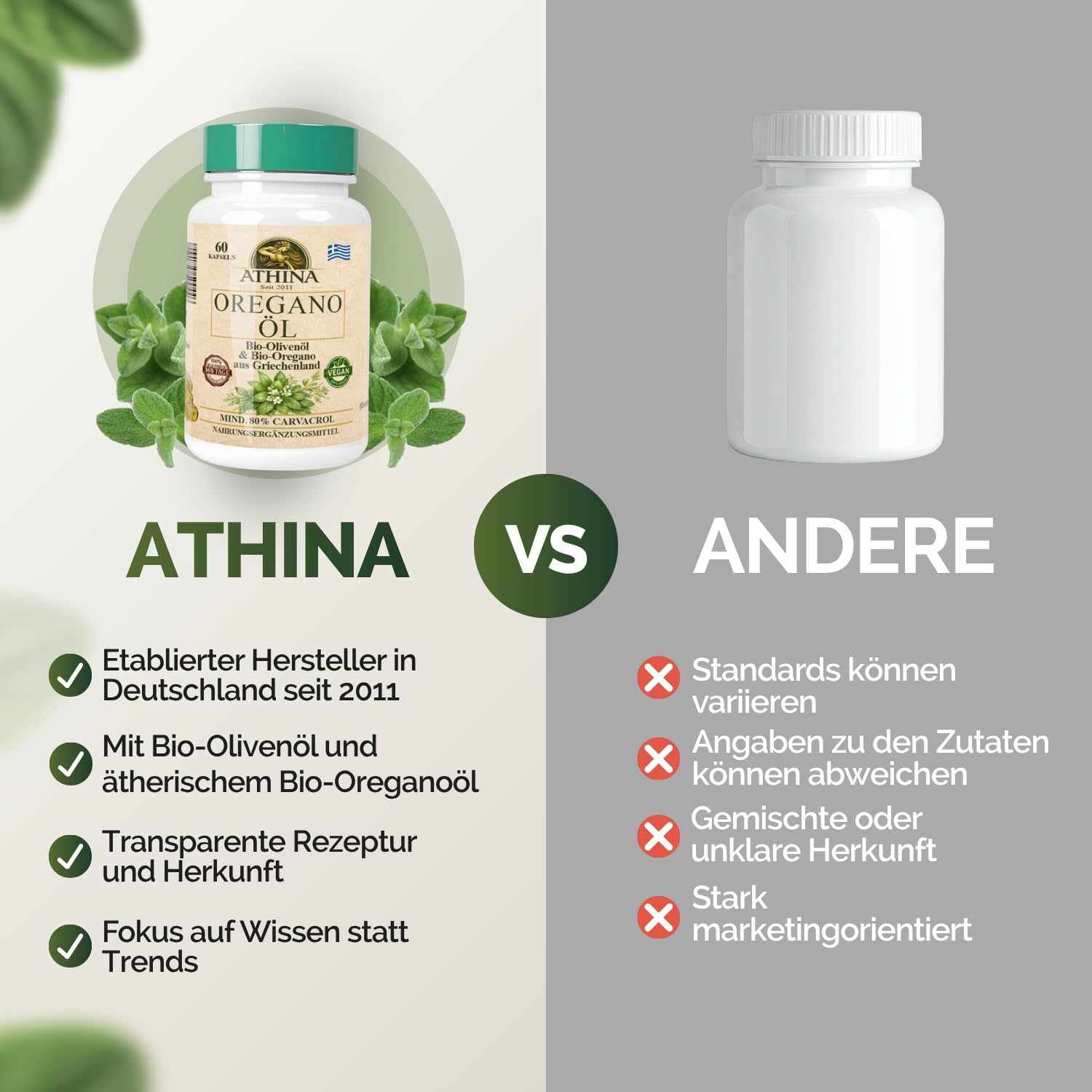 Athina® Oregano Öl Vegan Bio 1 x 60 Kapseln I 100 mg Athina® Wildes Berg Oregano Öl I Origanum vulgare hirtum aus Griechenland I 80% Carvacrol I Reine & natürliche Zutaten