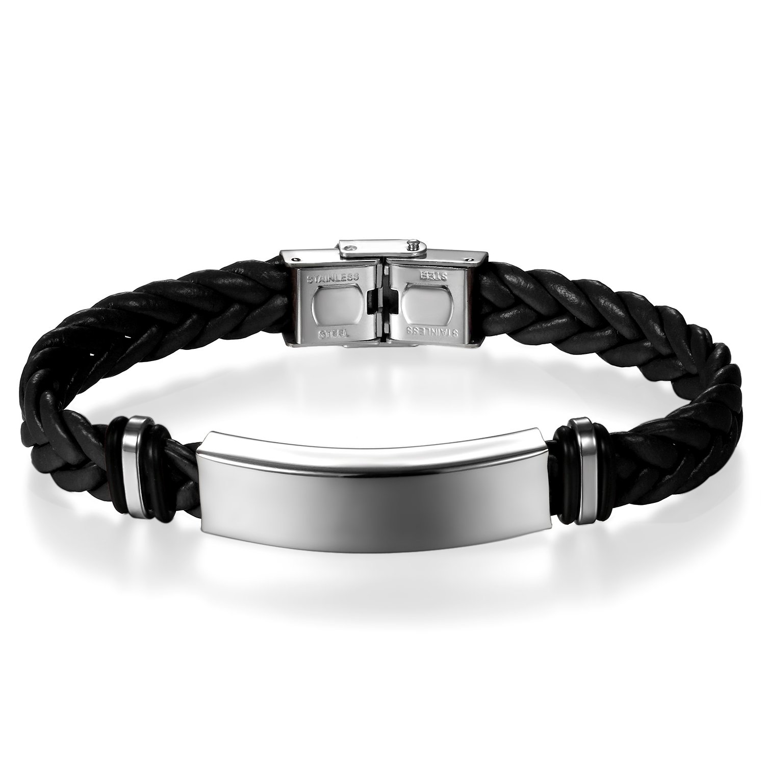 JewelryWe JewelryWe Personalizada Unisex Pulsera Cuerda: Pulsera de Moda Simple de Cuero Trenzado de Acero Inoxidable Grabable Marrón Negro - Para Uso Diario Regalo