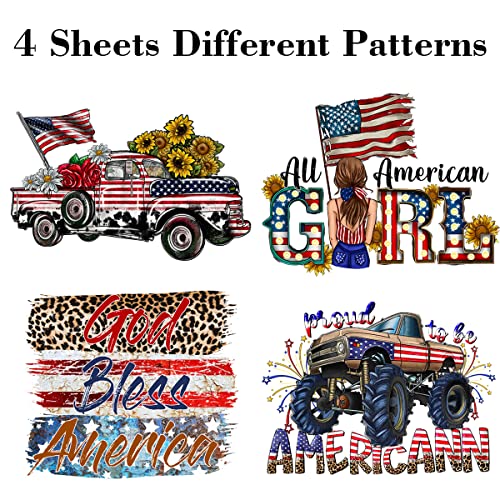 4Th Of July Iron On Decals White Blue Red Iron On Patches American Car Design Iron On Transfers For Clothes Patriotic Decorations Independence Day Heat Transfer Sticker Appliques Supplies 4Pcs #TOP1