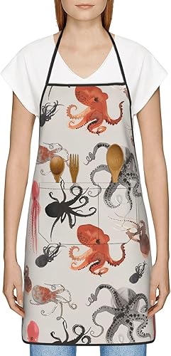 Miniatura 3 de BREAUX Color Octopus Print Apron, Apron With Pockets, Adjustable Bib Apron, Chef'S Apron, Bbq Apron, White