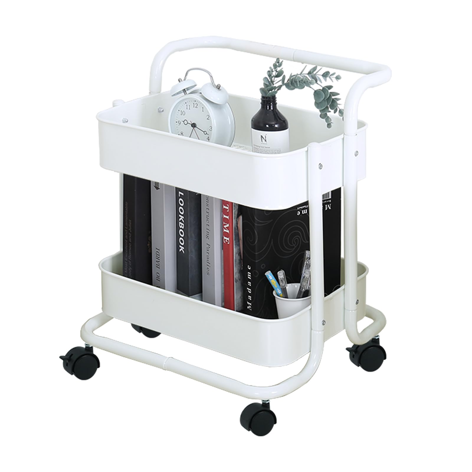 Melody House 2-Tier Metal Mesh Rolling Cart Storage Organizer with Utility Handle and Wheels, Multi-Functional Storage Trolley for Office Living Room Kitchen, White