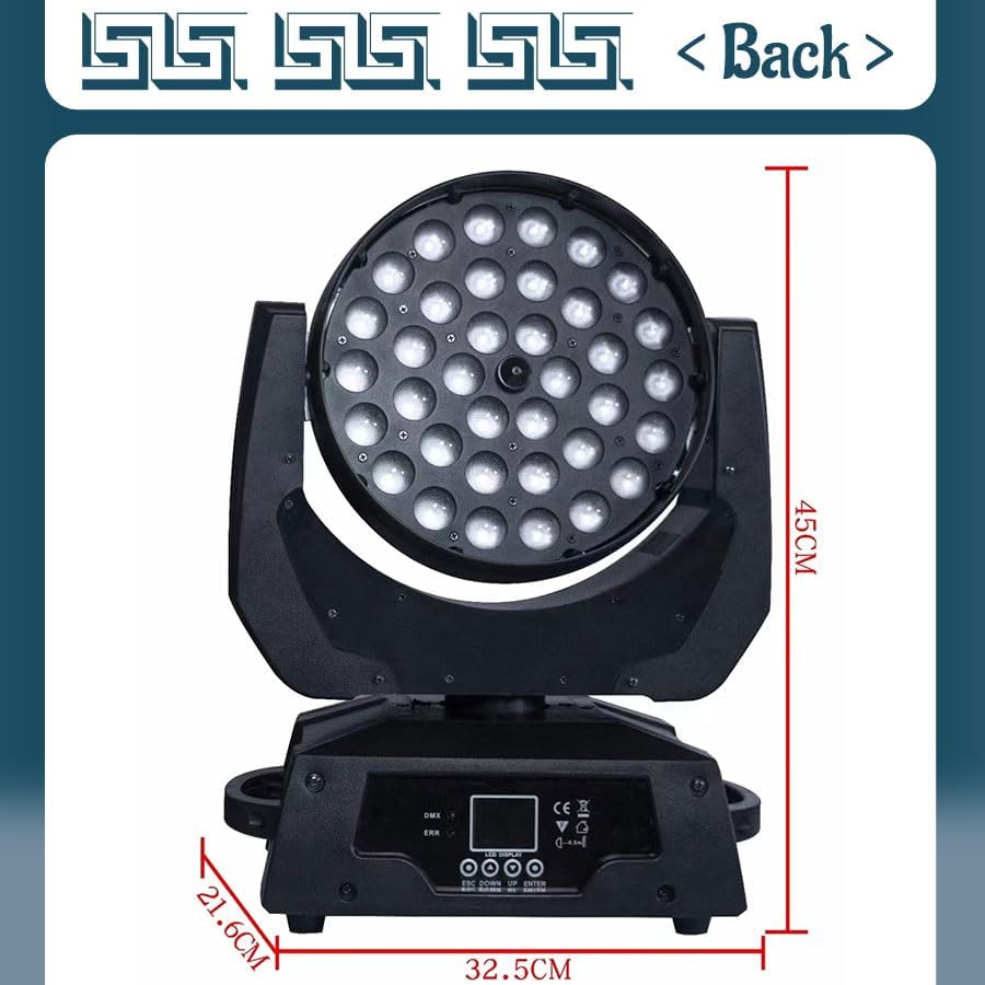 Diagram showing the dimensions of the Weikass 36x12W LED Zoom Wash Moving Head Light: 45cm height, 32.5cm width, and 21.6cm depth of the base.