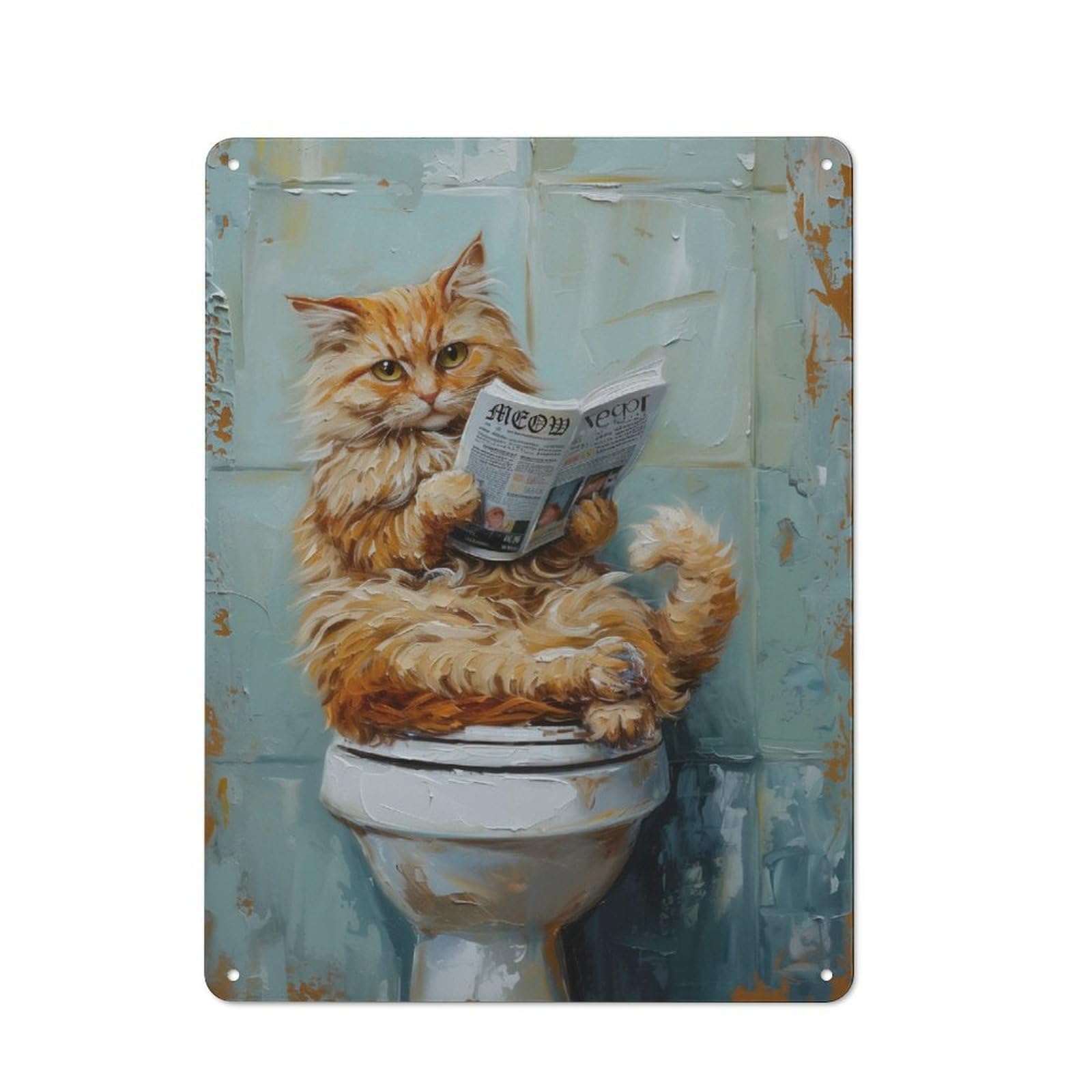 Junmoney Cat Reading Newspaper On Toilet Metal Wall Sign 40X30cm Featuring For Café Or Restaurant, For An Autumn Wall Display In Café And Restaurant