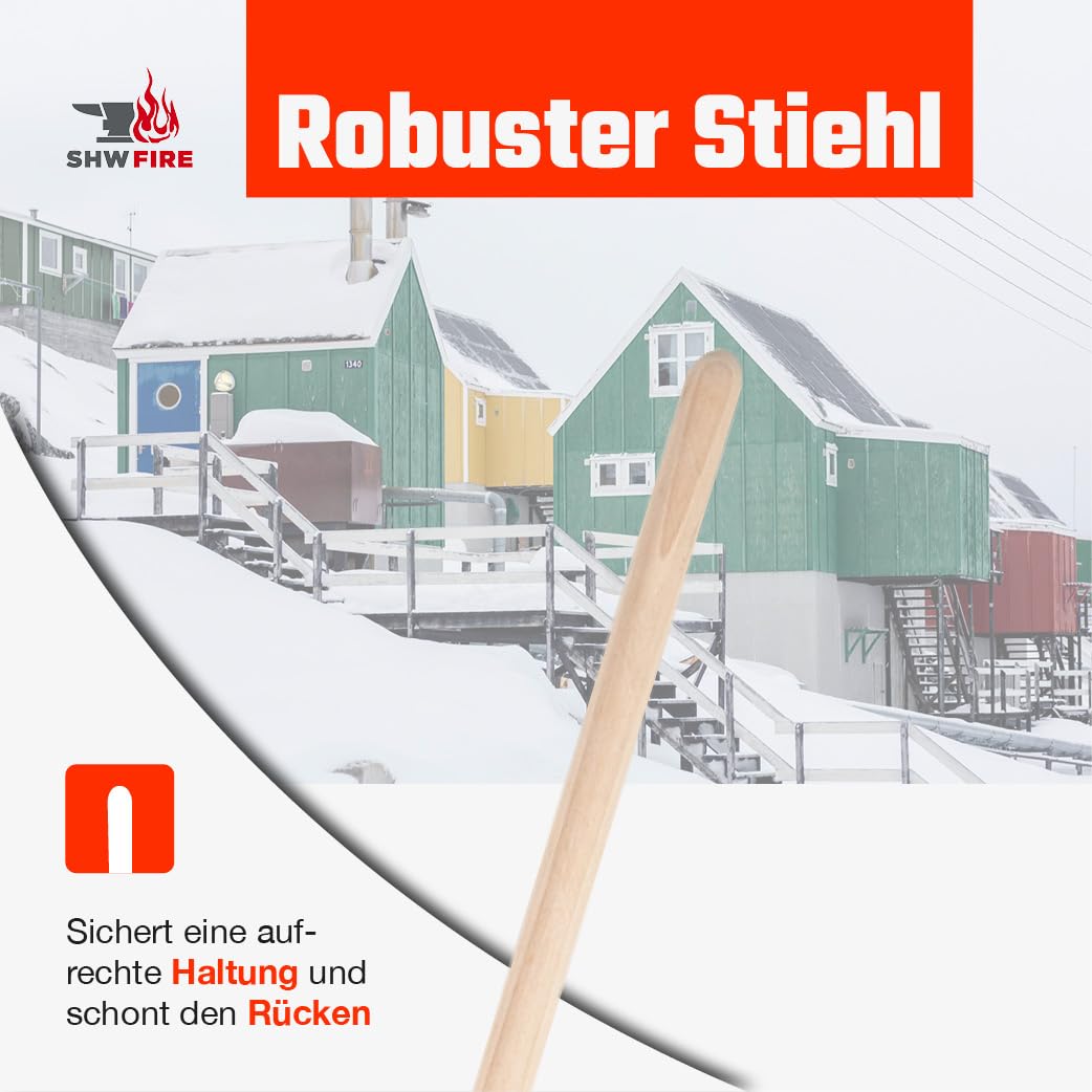 SHW-FIRE | Schneeschieber mit 50cm Schaufel und 150 cm Ovalstiel, Schaufel mit 5-Fach verleimtem Sperrholz mit Aluminium-Schutzkante Premium Schneeschaufel mit Buchenholzstiel | Made in Germany